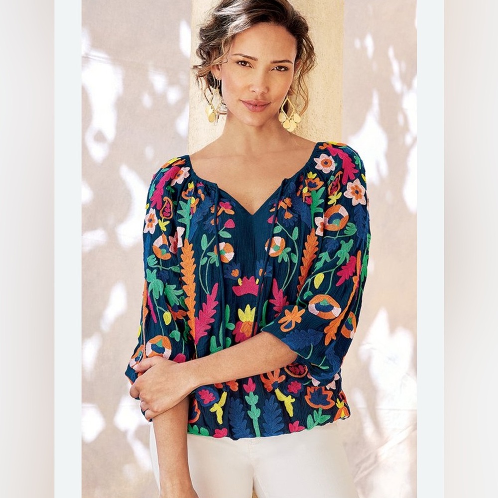 Soft Surroundings Banjara Embroidered Blouse Navy XS
